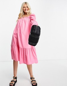 Ярко-розовое платье миди из хлопкового поплина QED London-Розовый цвет
