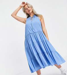 Голубое платье миди без рукавов с завязкой на воротнике и ярусной юбкой Y.A.S Petite-Голубой