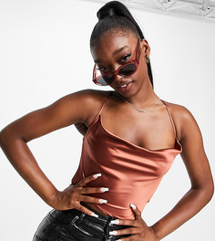Шоколадный атласный кроп-топ на бретельках со свободным воротом от комплекта Missguided-Коричневый цвет