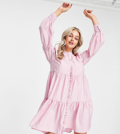 Ярусное платье-рубашка мини розового цвета в клетку с присборенными рукавами Y.A.S Petite-Розовый цвет
