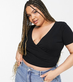 Черный кроп-топ с короткими рукавами и запахом спереди ASOS DESIGN Curve-Черный цвет