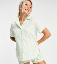 Эксклюзивная пижама мятного цвета с рубашкой и шортами из жатой ткани в клетку с оборками ASOS DESIGN Maternity-Multi