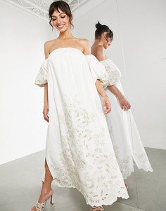 Платье миди цвета слоновой кости с открытыми плечами и вышивкой в тон ткани ASOS EDITION-Белый