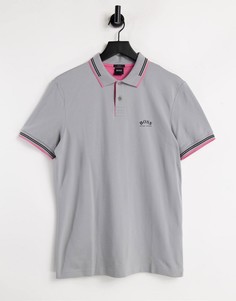 Серая футболка-поло узкого кроя с окантовкой и логотипом BOSS Athleisure Paul Curved-Серый