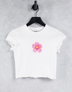 Белая укороченная футболка из материала с добавлением органического хлопка с волнистым краем и принтом в виде цветка Weekday Viola-Белый