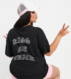 Платье-футболка в стиле oversized с принтом "Kiss me quick" на спинке New Girl Order Plus-Черный цвет
