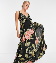 Платье макси на бретелях с запахом, ремешками на спине и крупным цветочным принтом ASOS DESIGN Maternity-Черный цвет