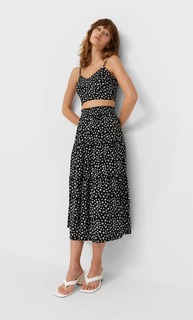 Stradivarius Длинная Юбка С Цветочным Принтом Черный Xl