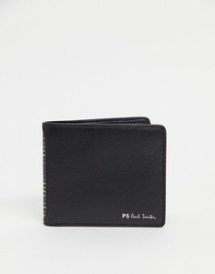 Черный кожаный бумажник с логотипом и полосками PS Paul Smith