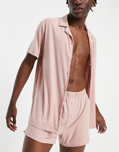 Пижамный комплект в рубчик розовато-лилового цвета из рубашки и шорт ASOS DESIGN-Розовый цвет