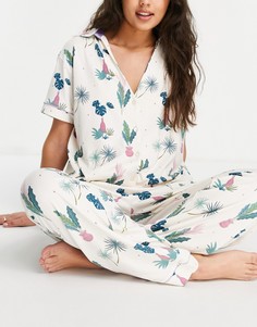 Длинный пижамный комплект из переработанного полиэстера кремового цвета с принтом растений Wellness Project x Chelsea Peers-Белый