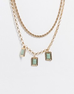 Золотистое многоярусное ожерелье с подвесками с квадратными зелеными камнями Topshop-Золотистый