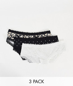 Набор из 3 трусов с кружевной отделкой по краю и принтом ромашек New Look-Белый