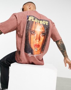 Oversized-футболка коричневого цвета с фотопринтом на спине Mennace x Playboy-Коричневый цвет