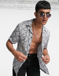 Черная рубашка с отложным воротником и принтом монограммы River Island-Черный цвет