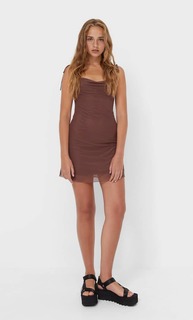 Stradivarius Платье В Бельевом Стиле Из Сетчатой Ткани Коричневый M