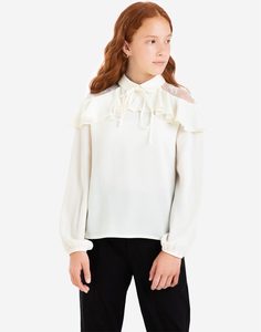 Молочная шифоновая блузка с оборкой для девочки Gloria Jeans
