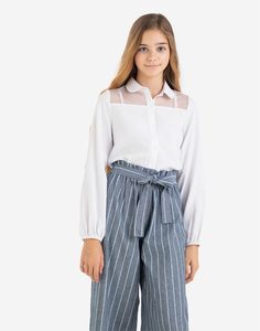 Белая шифоновая блузка с сетчатой вставкой для девочки Gloria Jeans
