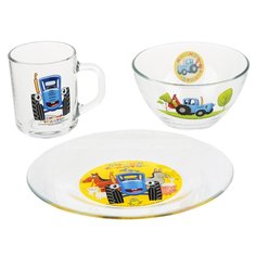 Набор детской посуды из стекла Синий трактор Умка, 3 предмета (кружка 250 мл, тарелка 196 мм, салатник 130 мм) Umka