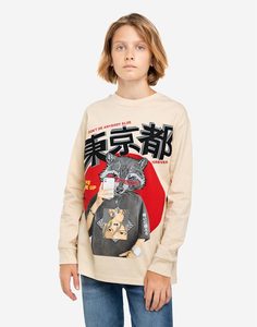 Бежевый лонгслив oversize с енотом для мальчика Gloria Jeans