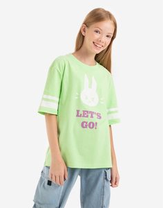 Зелёная футболка oversize с принтом Let`s go для девочки Gloria Jeans