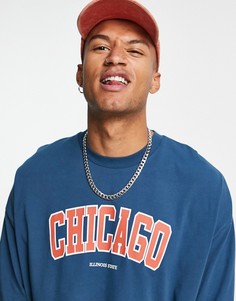 Синяя oversized-футболка из органического хлопка с принтом "Chicago" ASOS DESIGN-Голубой
