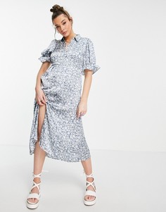 Голубое платье миди с цветочным принтом QED London-Голубой