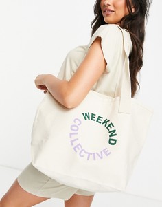 Парусиновая сумка-тоут бежевого цвета с принтом ASOS Weekend Collective-Светло-бежевый цвет