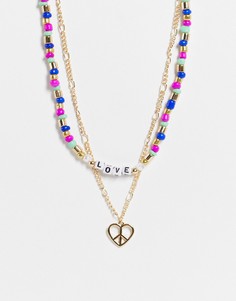 Золотистое ярусное ожерелье с бисером, надписью "Love" и подвеской в виде пацифика Liars & Lovers-Золотистый