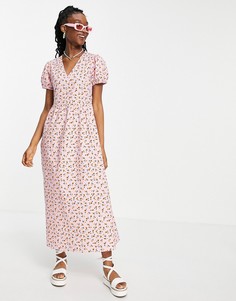 Платье макси с цветочным принтом, рукавами-фонариками и длинной юбкой Wednesdays Girl-Розовый