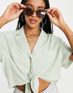 Льняная укороченная рубашка цвета хаки с завязкой спереди Topshop-Зеленый цвет