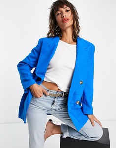Ярко-синий двубортный блейзер с объемными плечами Topshop-Голубой