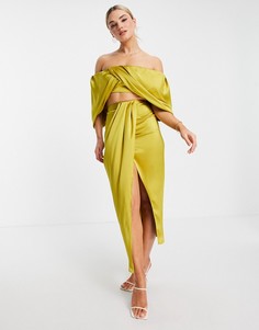 Атласная юбка миди горчичного цвета с разрезом и драпировкой ASOS EDITION-Желтый