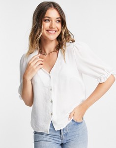 Блузка кремового цвета на пуговицах с акцентными рукавами New Look-Белый