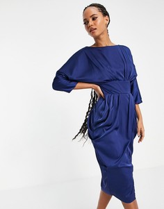 Темно-синее облегающее платье миди с запахом TFNC-Темно-синий