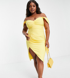 Лимонное плиссированное платье миди с открытыми плечами Lavish Alice Plus-Желтый
