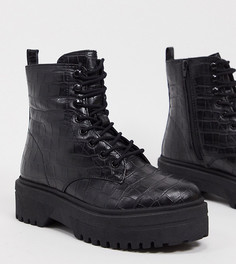 Черные ботинки на толстой подошве со шнуровкой и эффектом крокодиловой кожи Simply Be Extra Wide Fit-Черный