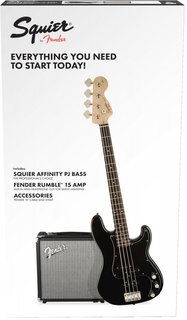 Squier Affinity Series™ Precision Bass® PJ Pack, Laurel Fingerboard, Black, Gig Bag, Rumble 15 - 230V EU Fender