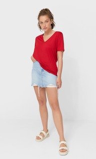 Stradivarius Базовая Футболка С V-Образным Вырезом Красный Xl