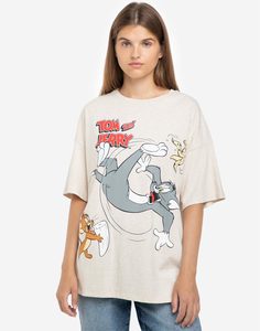 Бежевая футболка superoversize с принтом Tom and Jerry Gloria Jeans