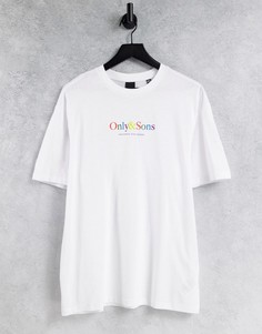 Белая футболка свободного кроя с разноцветным логотипом Only & Sons-Белый