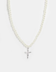 Жемчужное ожерелье с серебряной подвеской в виде креста Chained & Able-Серебристый