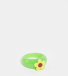 Пластиковое зеленое кольцо с желтым цветком ASOS DESIGN Curve-Разноцветный