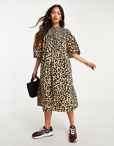 Присборенное платье миди с объемными рукавами и леопардовым принтом Selected Femme-Многоцветный