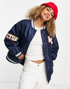 Темно-синяя куртка-бомбер в университетском стиле ASOS DESIGN-Голубой