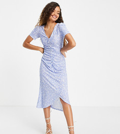 Синее платье миди со сборками спереди и цветочным принтом Miss Selfridge Petite-Голубой