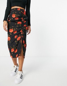 Черная юбка миди с красным цветочным принтом Miss Selfridge-Черный цвет