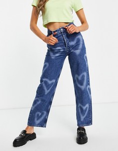 Голубые oversized-джинсы в винтажном стиле с выбеленным принтом в виде сердечек из переработанного смесового хлопка Topshop-Голубой