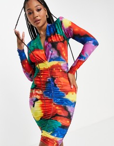 Эксклюзивное присборенное платье мини с глубоким вырезом и радужным мраморным принтом John Zack-Разноцветный
