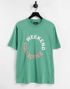 Футболка в стиле oversized цвета хаки с цветным логотипом ASOS Weekend Collective-Зеленый цвет